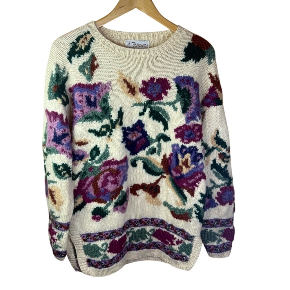 Norm Thompson Womens XL Wool Vintage 80s Floral Sweater NWOT Cottagecore‎ Cozy